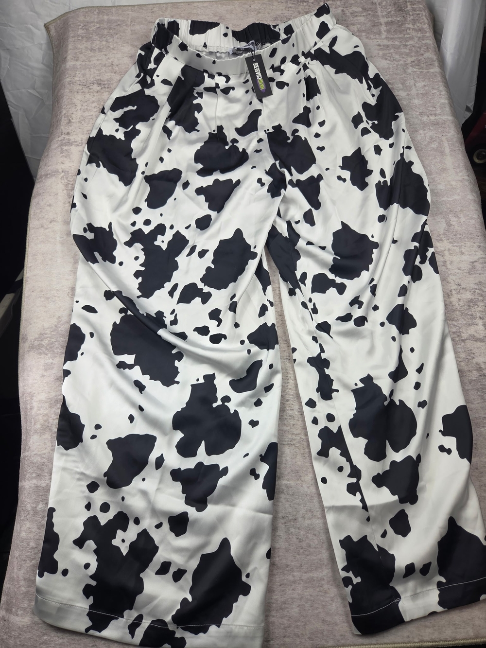 WKND CHASERS Not Your First Rodeo Cow Print Wide Leg Satin Pants NWT Women's Siz